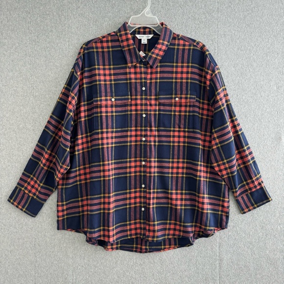 Old Navy Tops - Old Navy Boyfriend Flannel Shirt Womens XXL Blue Orange Yellow Cabincore Comfort